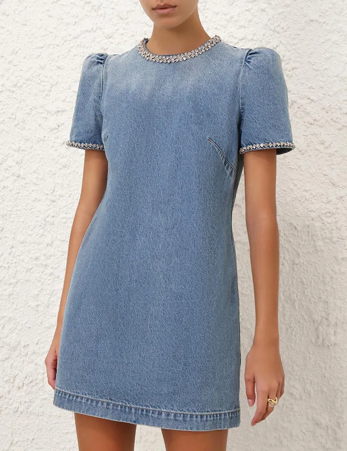 Women Zimmermann Clothing Crush Embellished Denim Dress Blue Moon