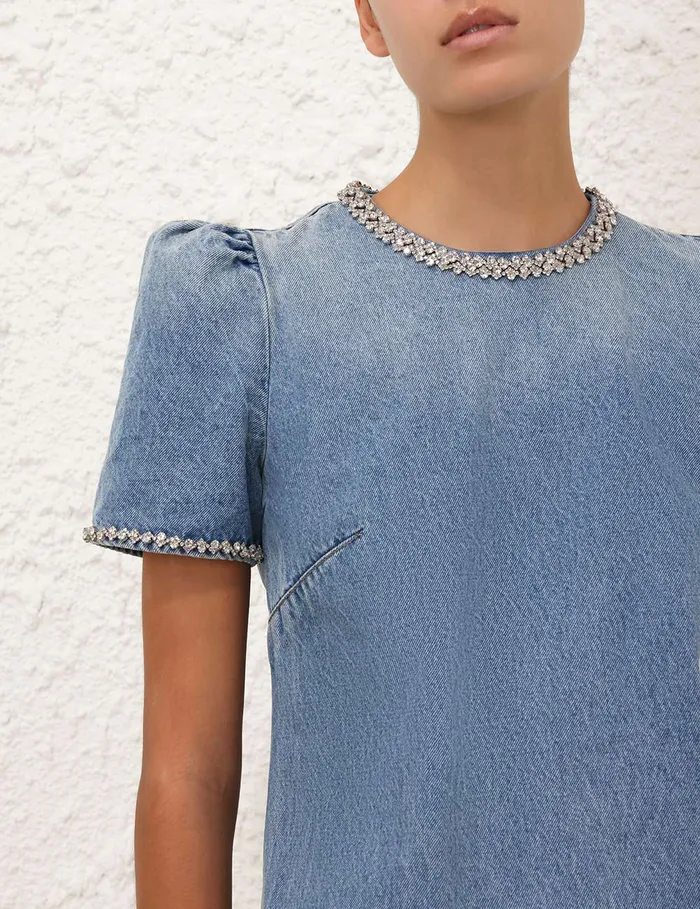 Women Zimmermann Clothing Crush Embellished Denim Dress Blue Moon