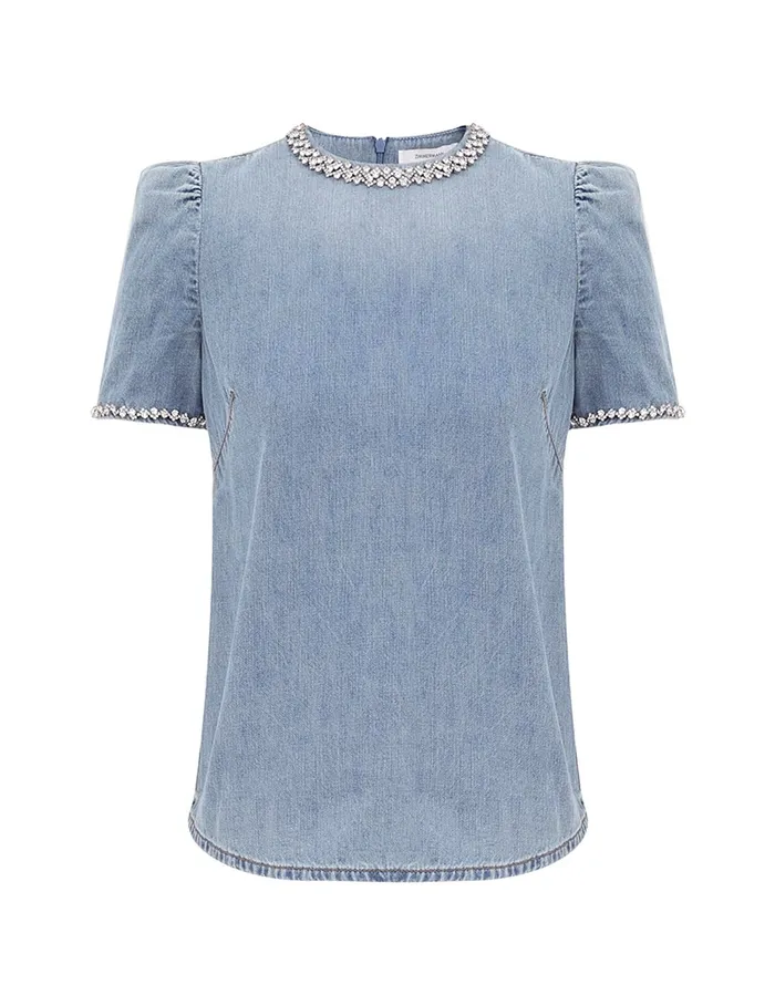 Women Zimmermann Clothing Crush Embellished Denim Top Blue Moon