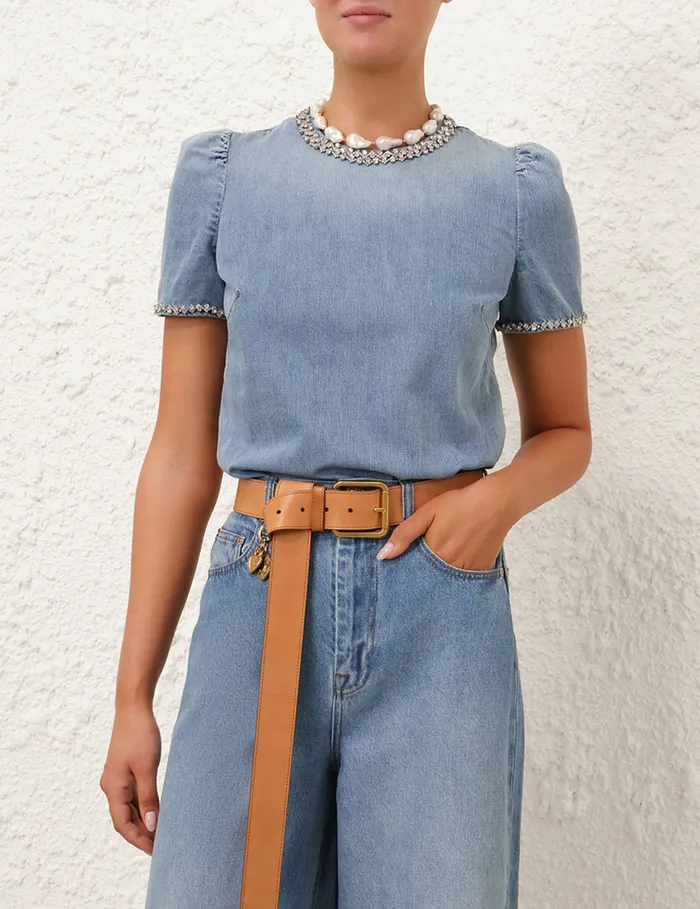 Women Zimmermann Clothing Crush Embellished Denim Top Blue Moon