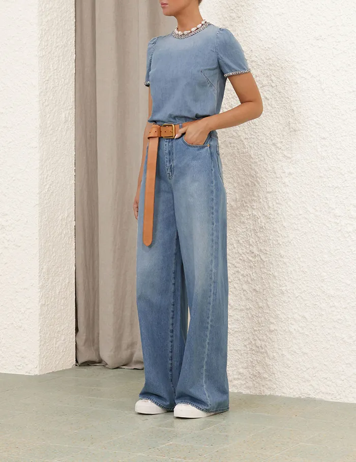 Women Zimmermann Clothing Crush Embellished Denim Top Blue Moon