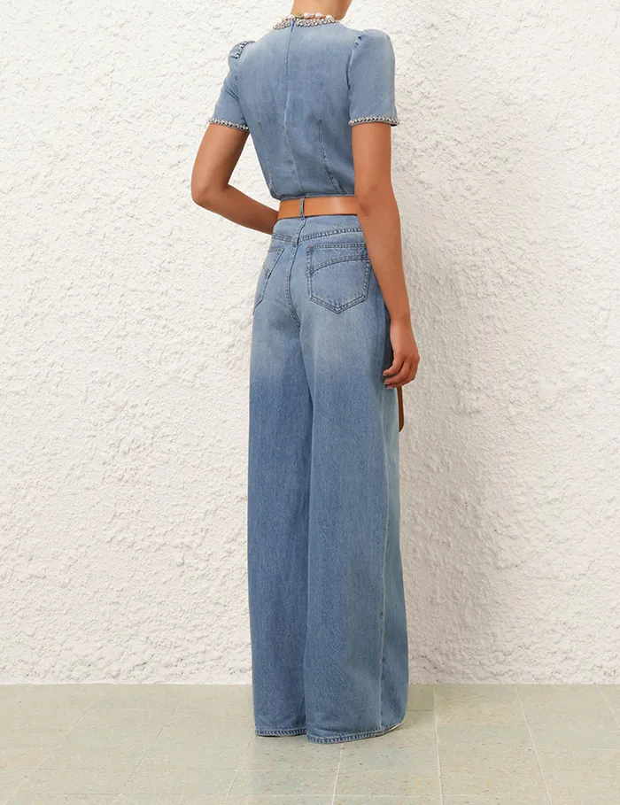 Women Zimmermann Clothing Crush Embellished Denim Top Blue Moon