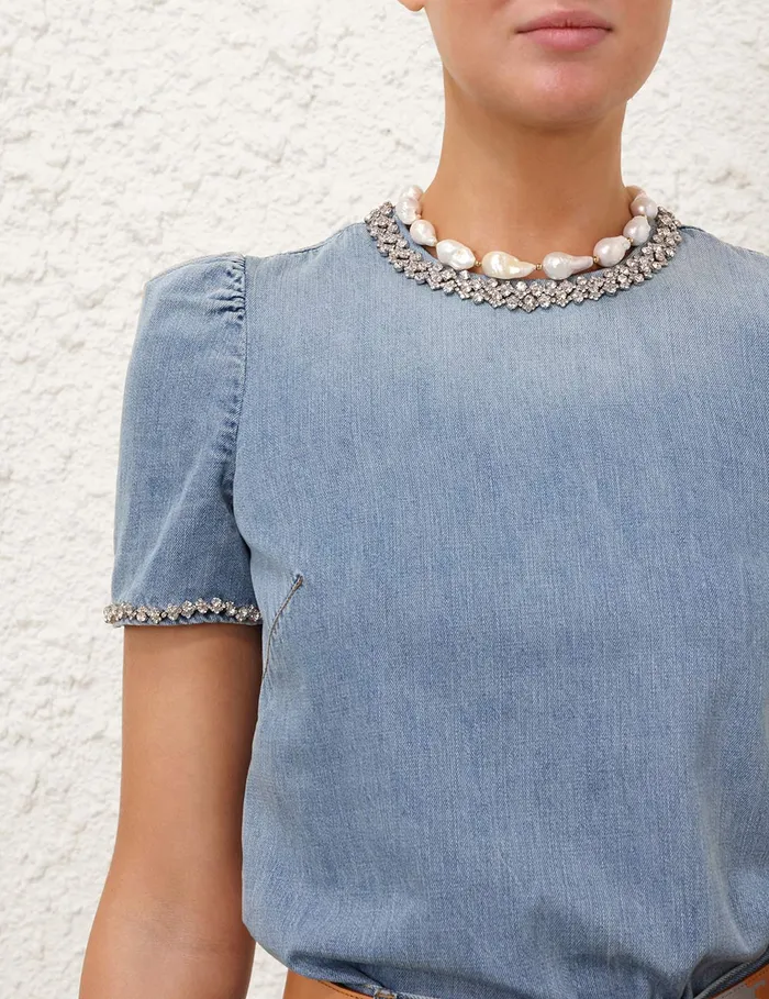 Women Zimmermann Clothing Crush Embellished Denim Top Blue Moon