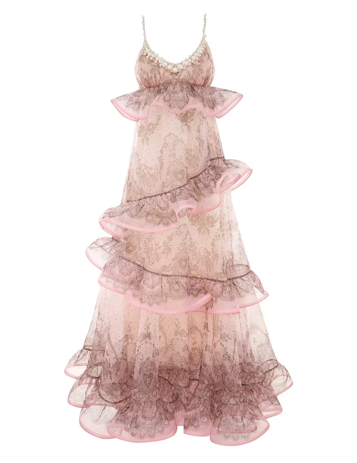 Women Zimmermann Clothing Crush Embellished Maxi Dress Pink Lace Print