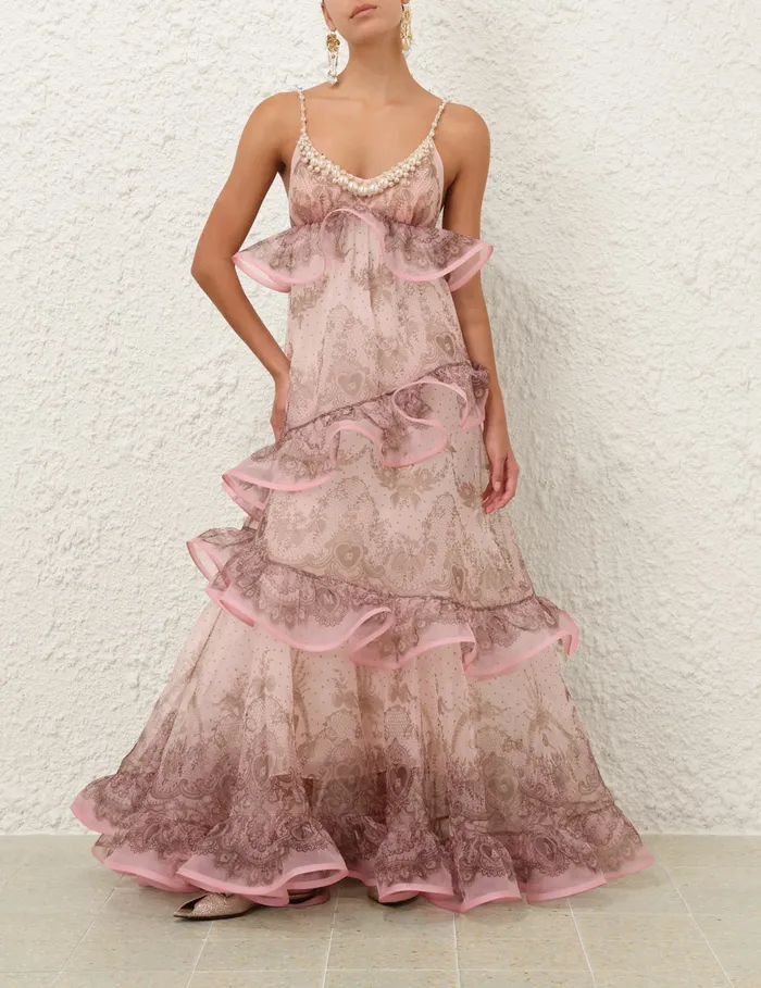 Women Zimmermann Clothing Crush Embellished Maxi Dress Pink Lace Print