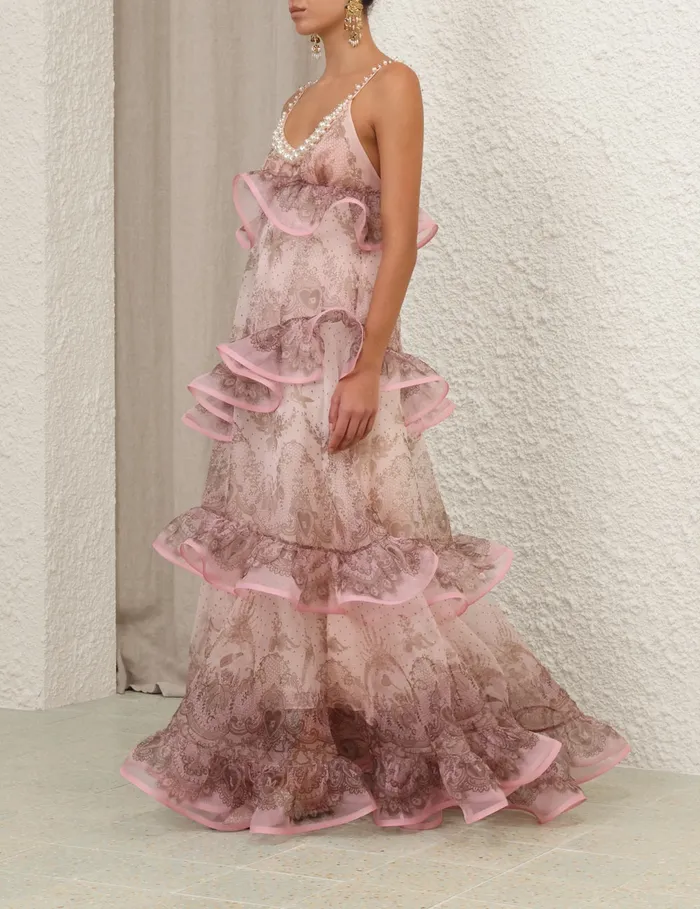 Women Zimmermann Clothing Crush Embellished Maxi Dress Pink Lace Print