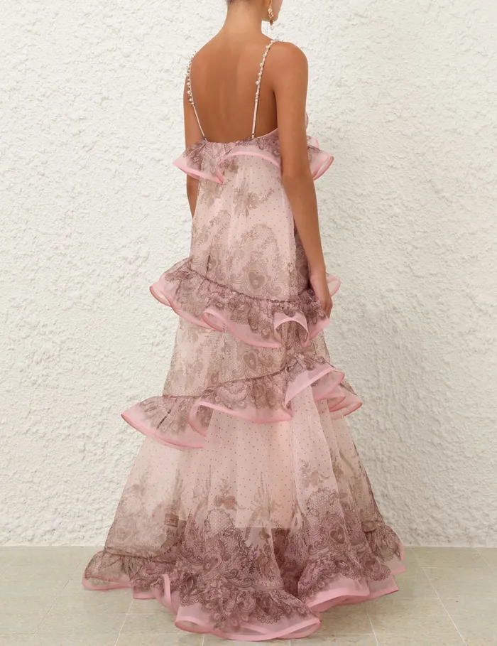 Women Zimmermann Clothing Crush Embellished Maxi Dress Pink Lace Print
