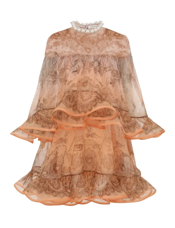 Women Zimmermann Clothing Crush Embellished Mini Dress Peach Lace Print