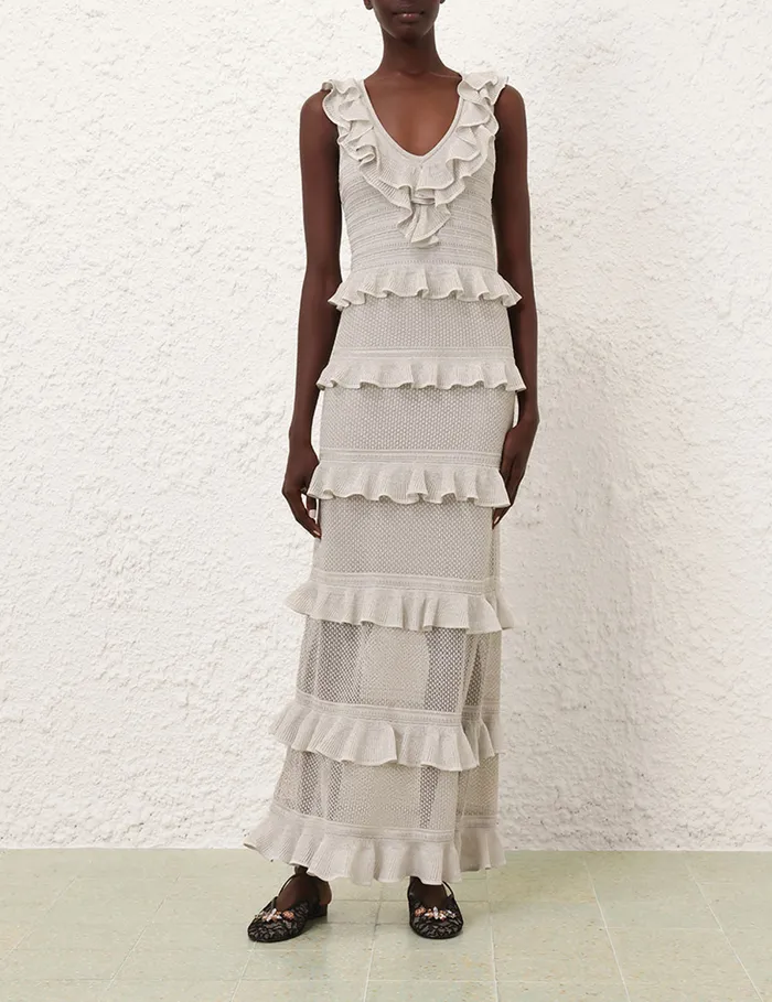 Women Zimmermann Clothing Crush Frilled VNeck Midi Silver