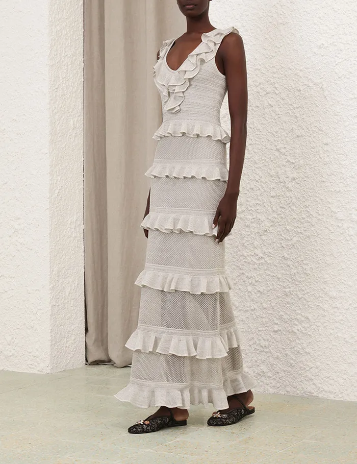 Women Zimmermann Clothing Crush Frilled VNeck Midi Silver