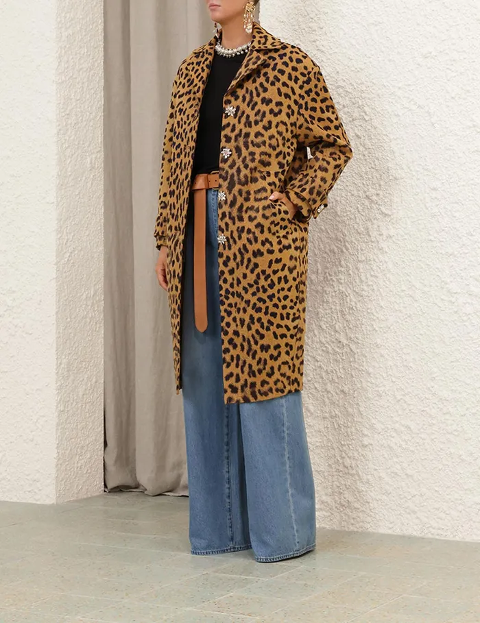 Women Zimmermann Clothing Crush Jacquard Barrel Coat Leopard