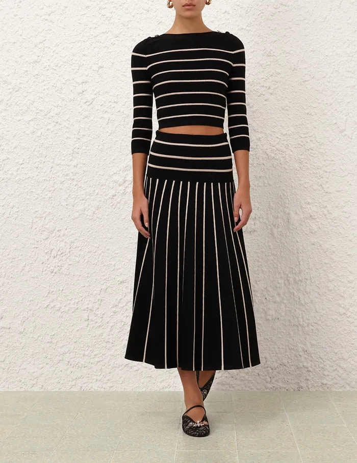 Women Zimmermann Clothing Crush Stripe Midi Skirt Blackcream