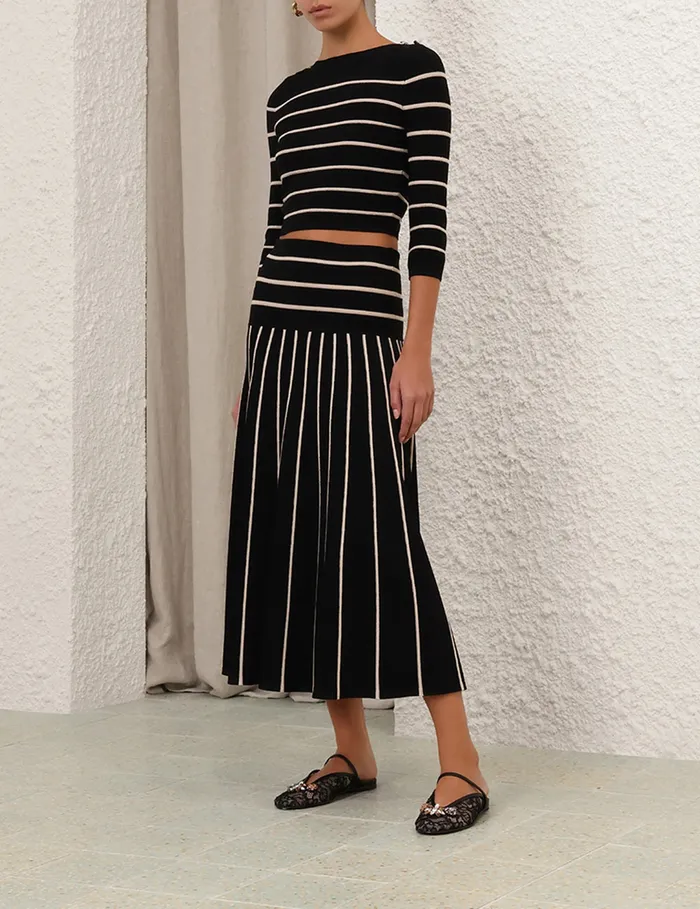 Women Zimmermann Clothing Crush Stripe Midi Skirt Blackcream