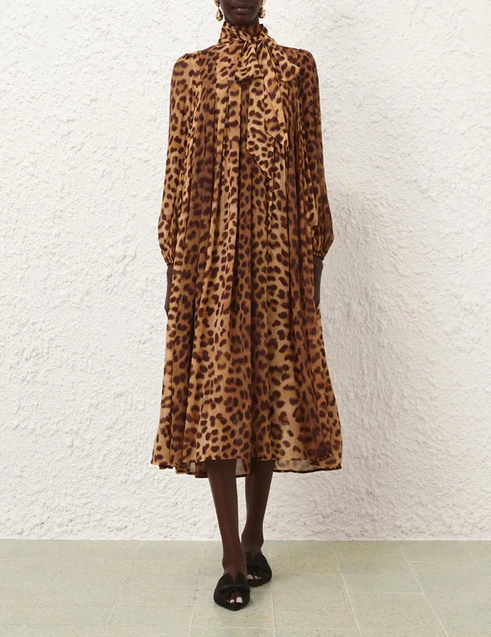 Women Zimmermann Clothing Crush Tie Neck Midi Dress Leopard