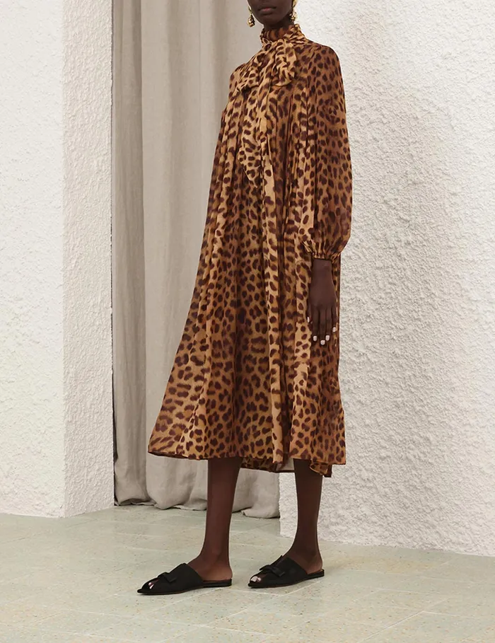 Women Zimmermann Clothing Crush Tie Neck Midi Dress Leopard