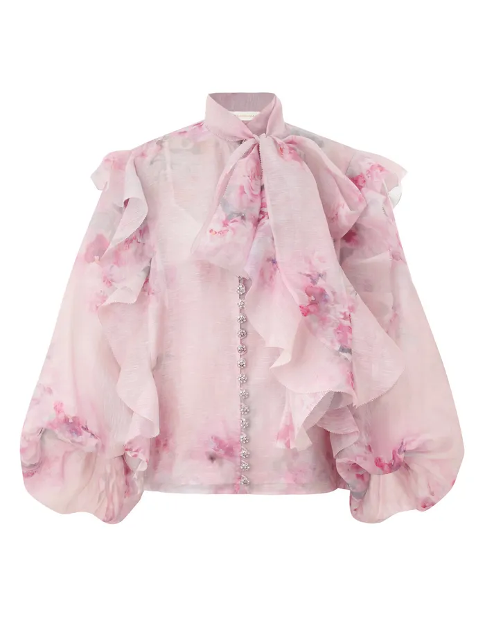 Women Zimmermann Clothing Crush Tie Neck Ruffle Blouse Pink Floral