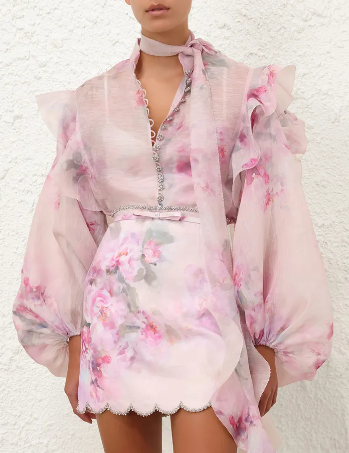 Women Zimmermann Clothing Crush Tie Neck Ruffle Blouse Pink Floral