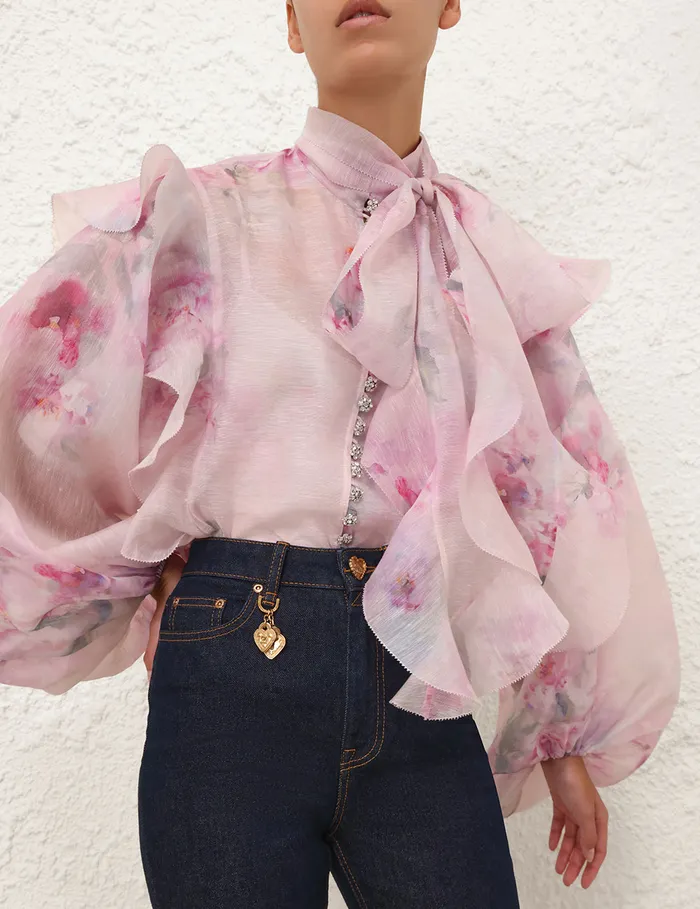 Women Zimmermann Clothing Crush Tie Neck Ruffle Blouse Pink Floral
