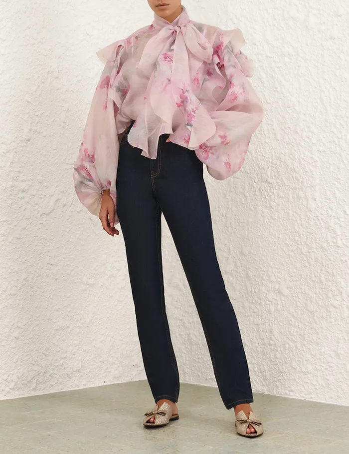Women Zimmermann Clothing Crush Tie Neck Ruffle Blouse Pink Floral