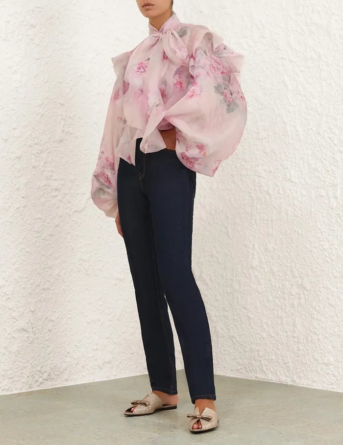 Women Zimmermann Clothing Crush Tie Neck Ruffle Blouse Pink Floral