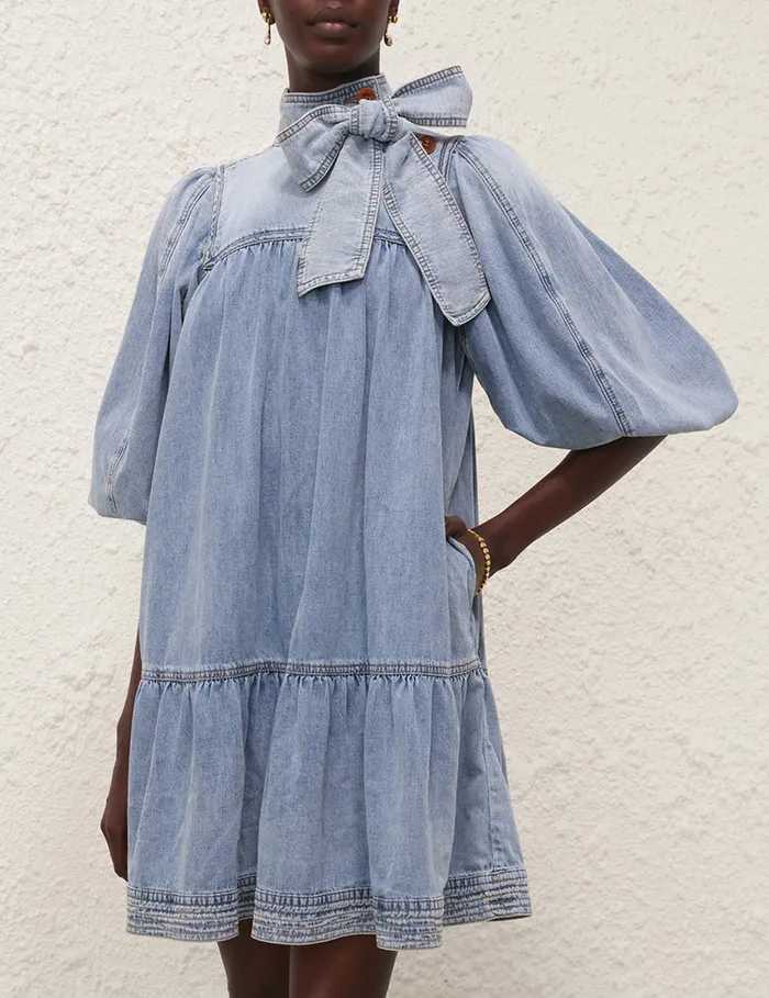 Women Zimmermann Clothing Denim Smock Dress Faded Blue