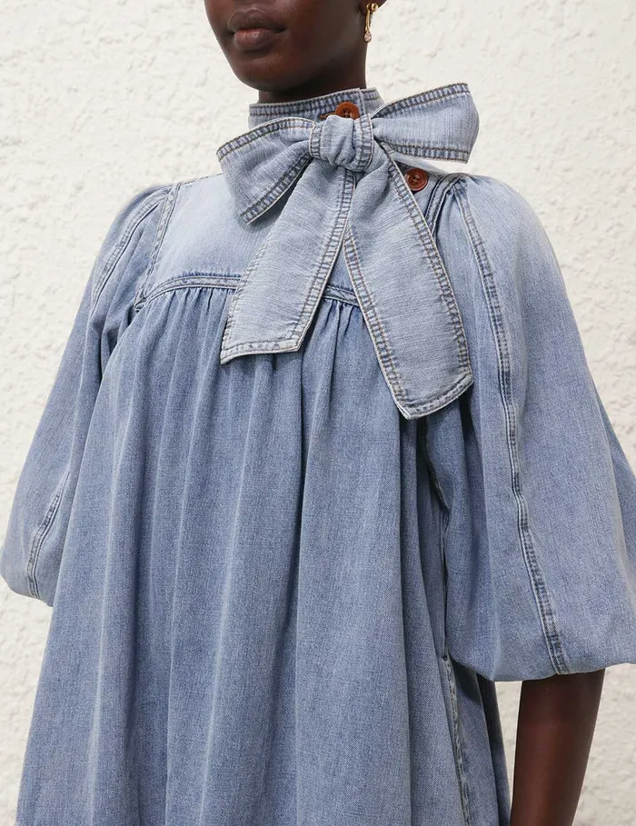 Women Zimmermann Clothing Denim Smock Dress Faded Blue