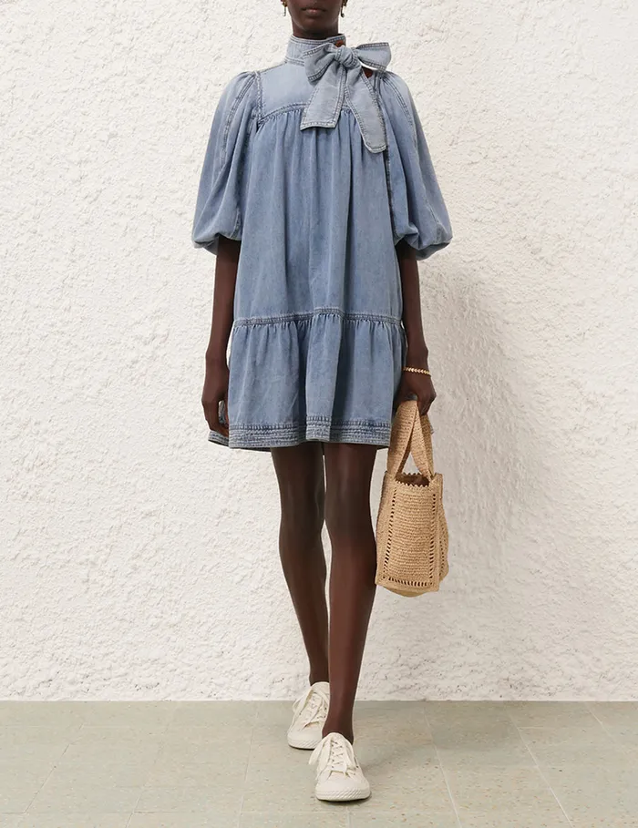 Women Zimmermann Clothing Denim Smock Dress Faded Blue