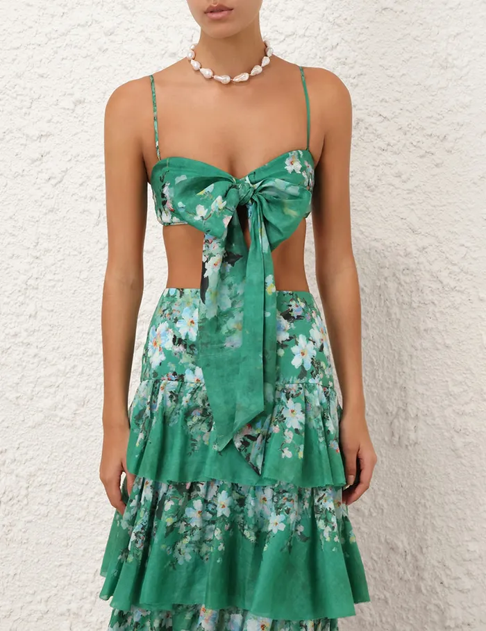 Women Zimmermann Clothing Everley Draped Bow Bralette Green Watercolour Floral
