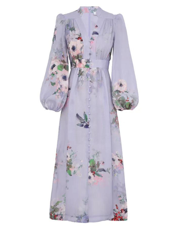 Women Zimmermann Clothing Everley Plunge Midi Dress Light Blue Watercolour Floral