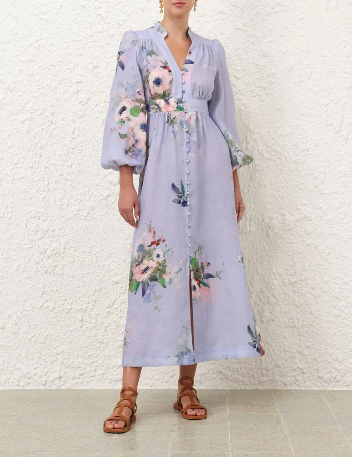 Women Zimmermann Clothing Everley Plunge Midi Dress Light Blue Watercolour Floral
