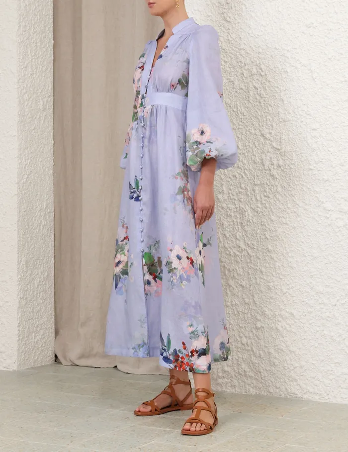 Women Zimmermann Clothing Everley Plunge Midi Dress Light Blue Watercolour Floral