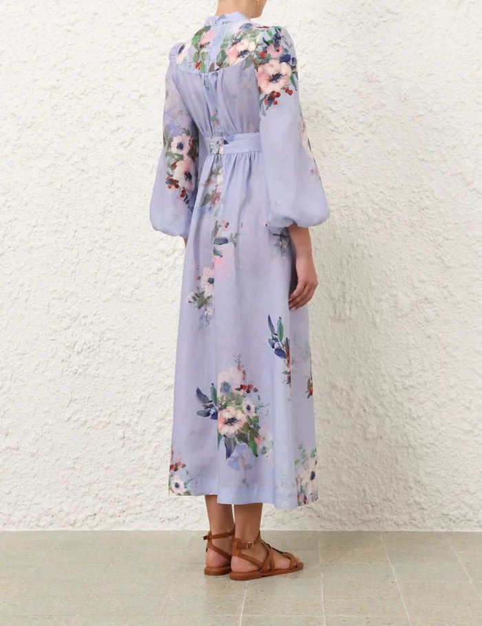 Women Zimmermann Clothing Everley Plunge Midi Dress Light Blue Watercolour Floral