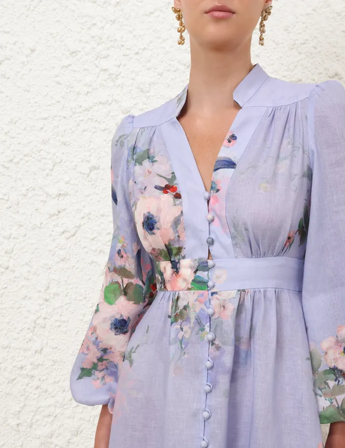 Women Zimmermann Clothing Everley Plunge Midi Dress Light Blue Watercolour Floral
