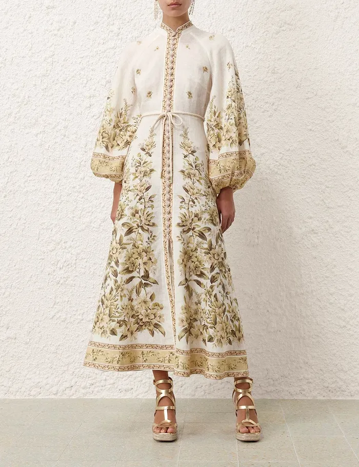 Women Zimmermann Clothing Golden Buttoned Midi Dress Sage Toile Floral