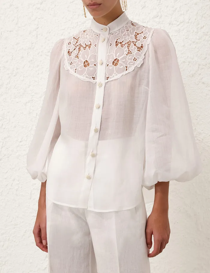 Women Zimmermann Clothing Golden Embroidered Yoke Blouse Ivoryivory