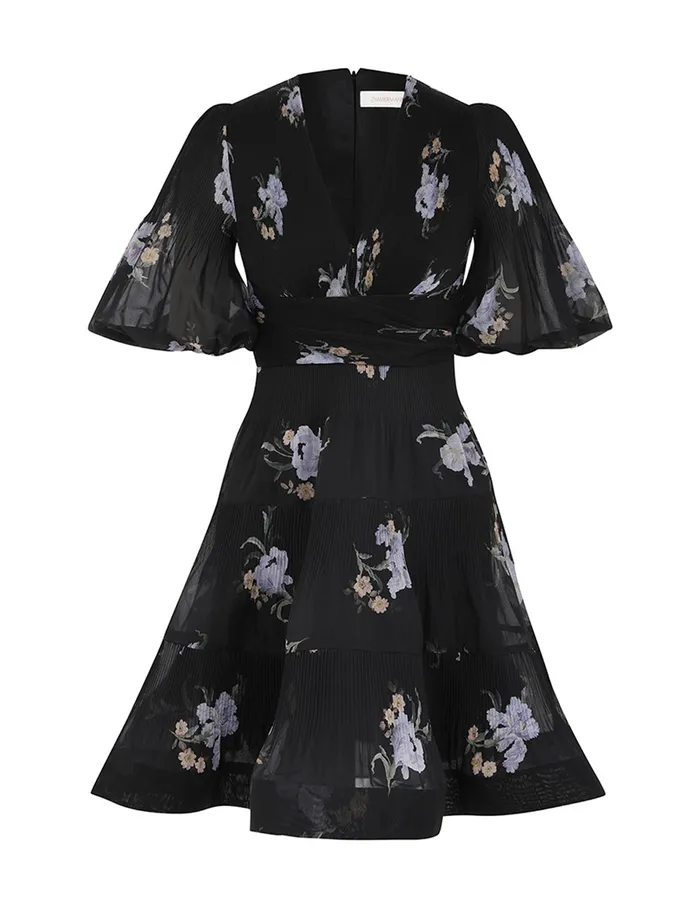 Women Zimmermann Clothing Pleated Mini Dress Black Iris Floral