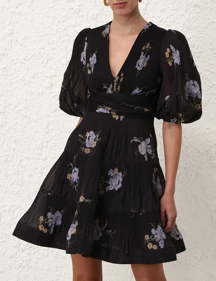 Women Zimmermann Clothing Pleated Mini Dress Black Iris Floral