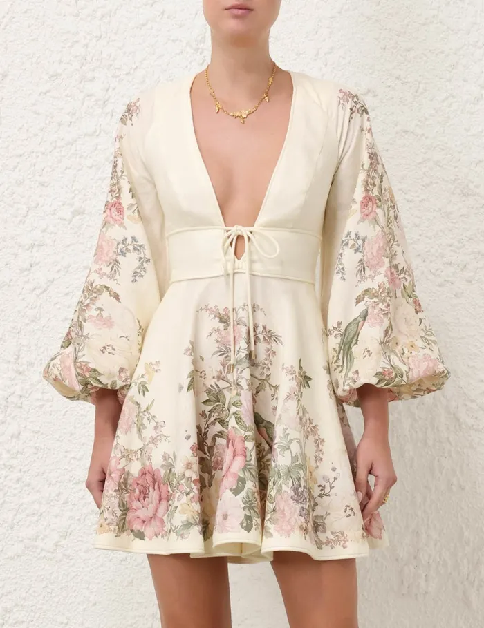 Women Zimmermann Clothing Waverly Plunge Mini Dress Cream Floral
