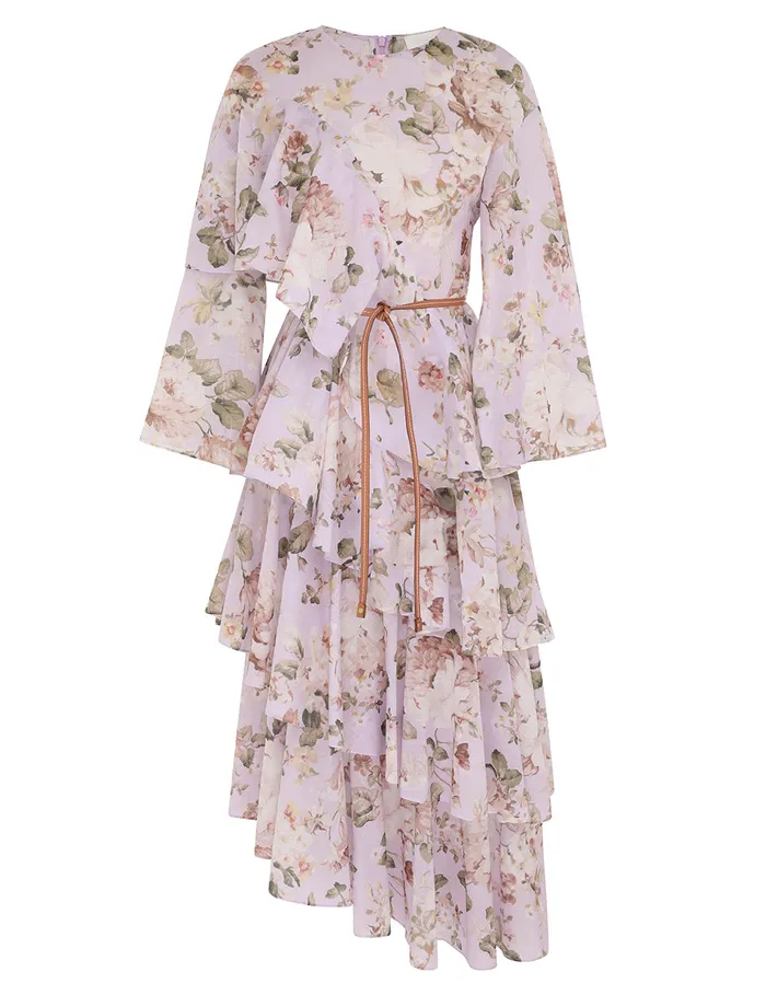 Women Zimmermann Dresses and Coverups Acacia Asymmetric Midi Dress Lilac Floral