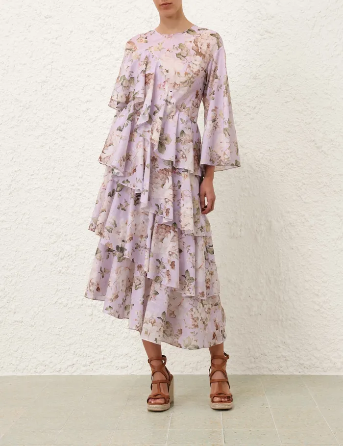 Women Zimmermann Dresses and Coverups Acacia Asymmetric Midi Dress Lilac Floral