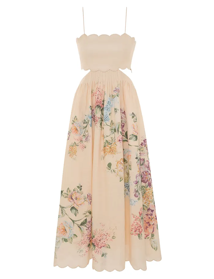 Women Zimmermann Dresses and Coverups Halliday Scallop Midi Dress Cream Watercolour Floral