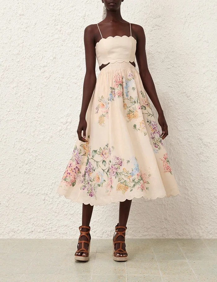 Women Zimmermann Dresses and Coverups Halliday Scallop Midi Dress Cream Watercolour Floral
