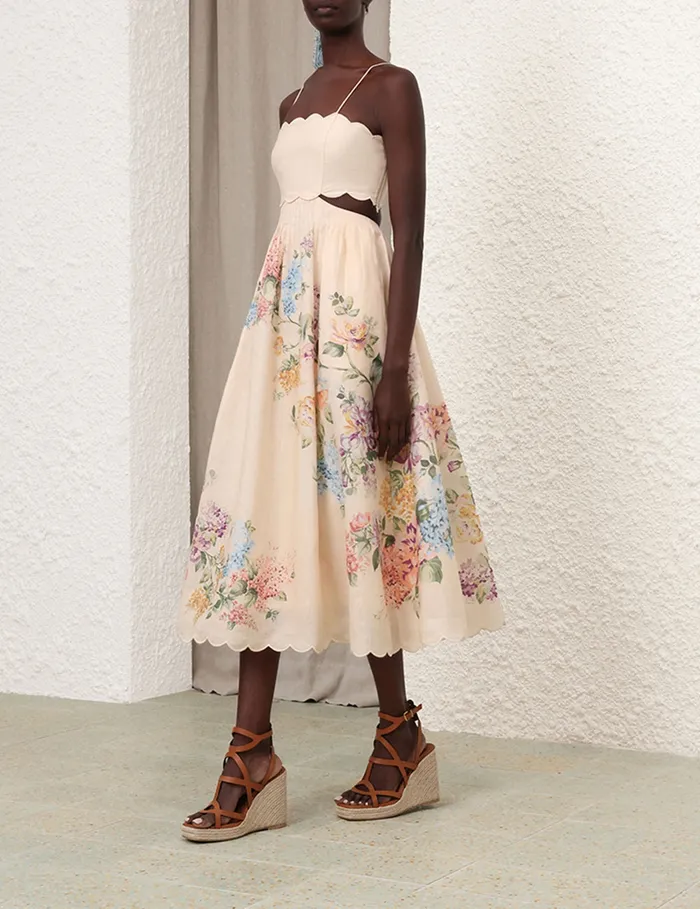 Women Zimmermann Dresses and Coverups Halliday Scallop Midi Dress Cream Watercolour Floral