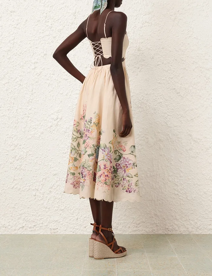 Women Zimmermann Dresses and Coverups Halliday Scallop Midi Dress Cream Watercolour Floral