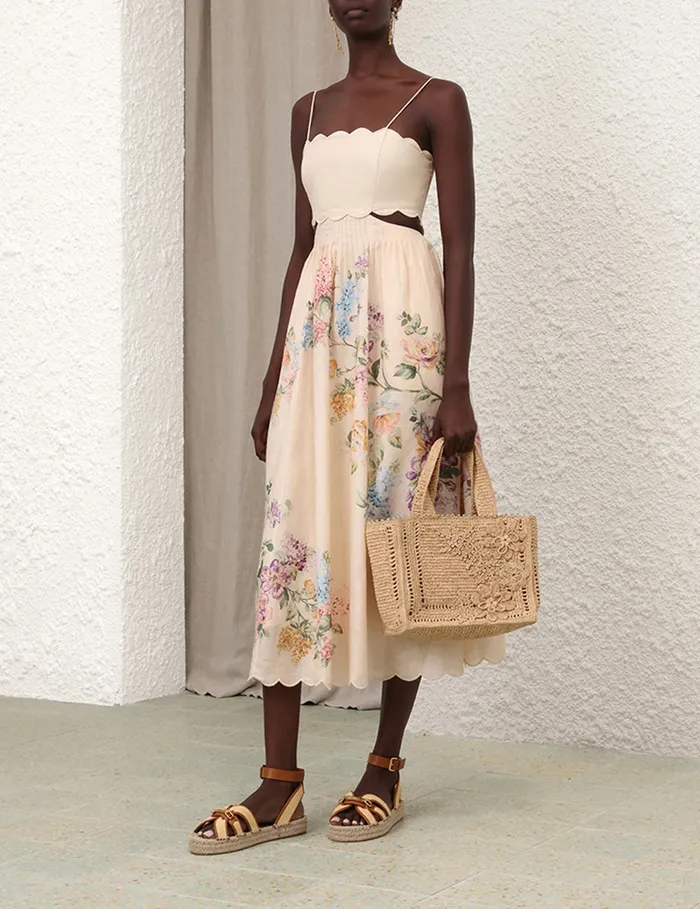 Women Zimmermann Dresses and Coverups Halliday Scallop Midi Dress Cream Watercolour Floral