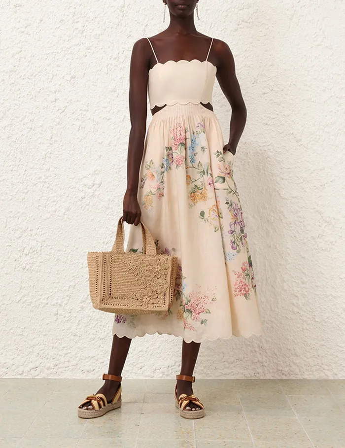 Women Zimmermann Dresses and Coverups Halliday Scallop Midi Dress Cream Watercolour Floral