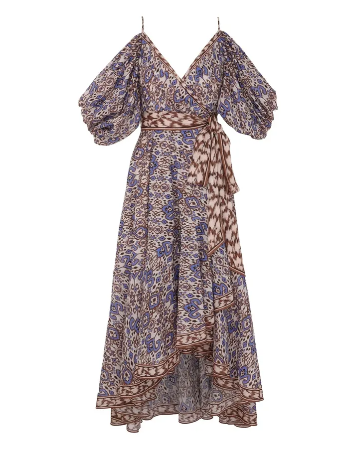 Women Zimmermann Dresses and Coverups Wylie Wrap Midi Dress Cornflower Ikat