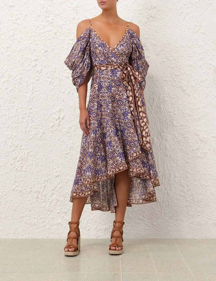 Women Zimmermann Dresses and Coverups Wylie Wrap Midi Dress Cornflower Ikat