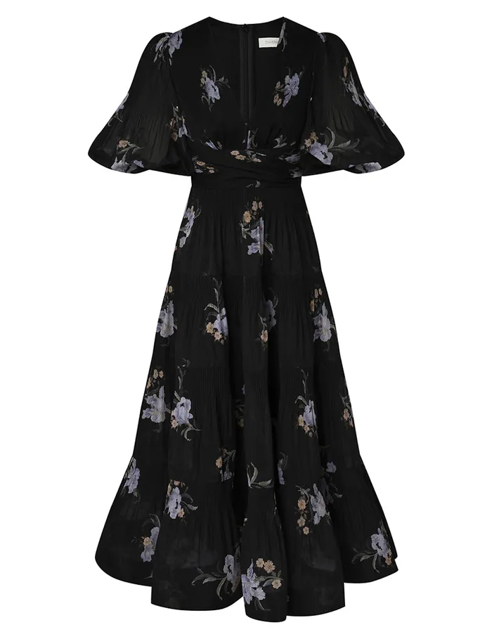 Women Zimmermann Dresses Pleated Midi Dress Black Iris Floral