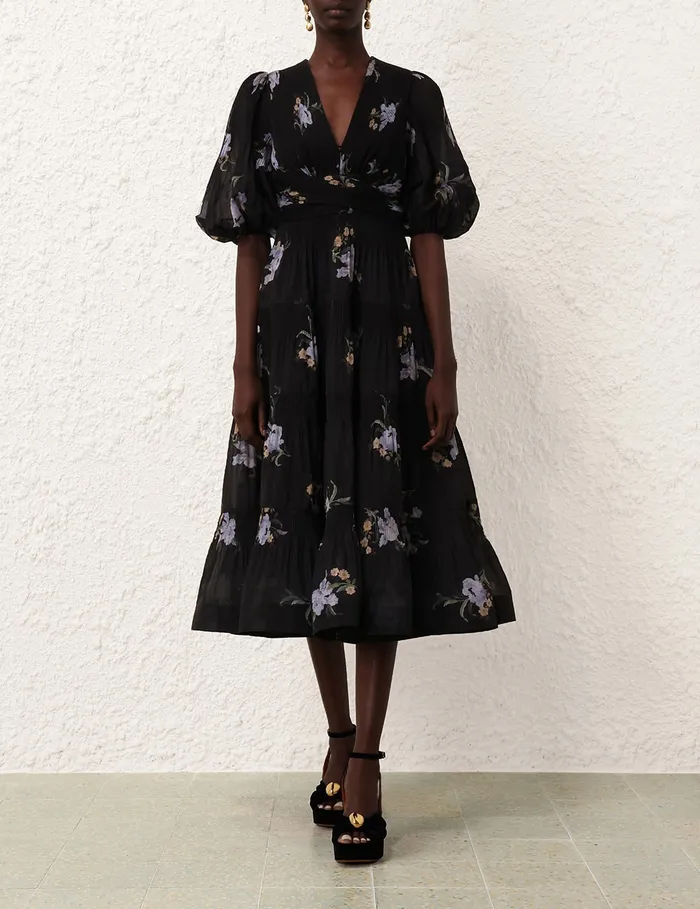 Women Zimmermann Dresses Pleated Midi Dress Black Iris Floral